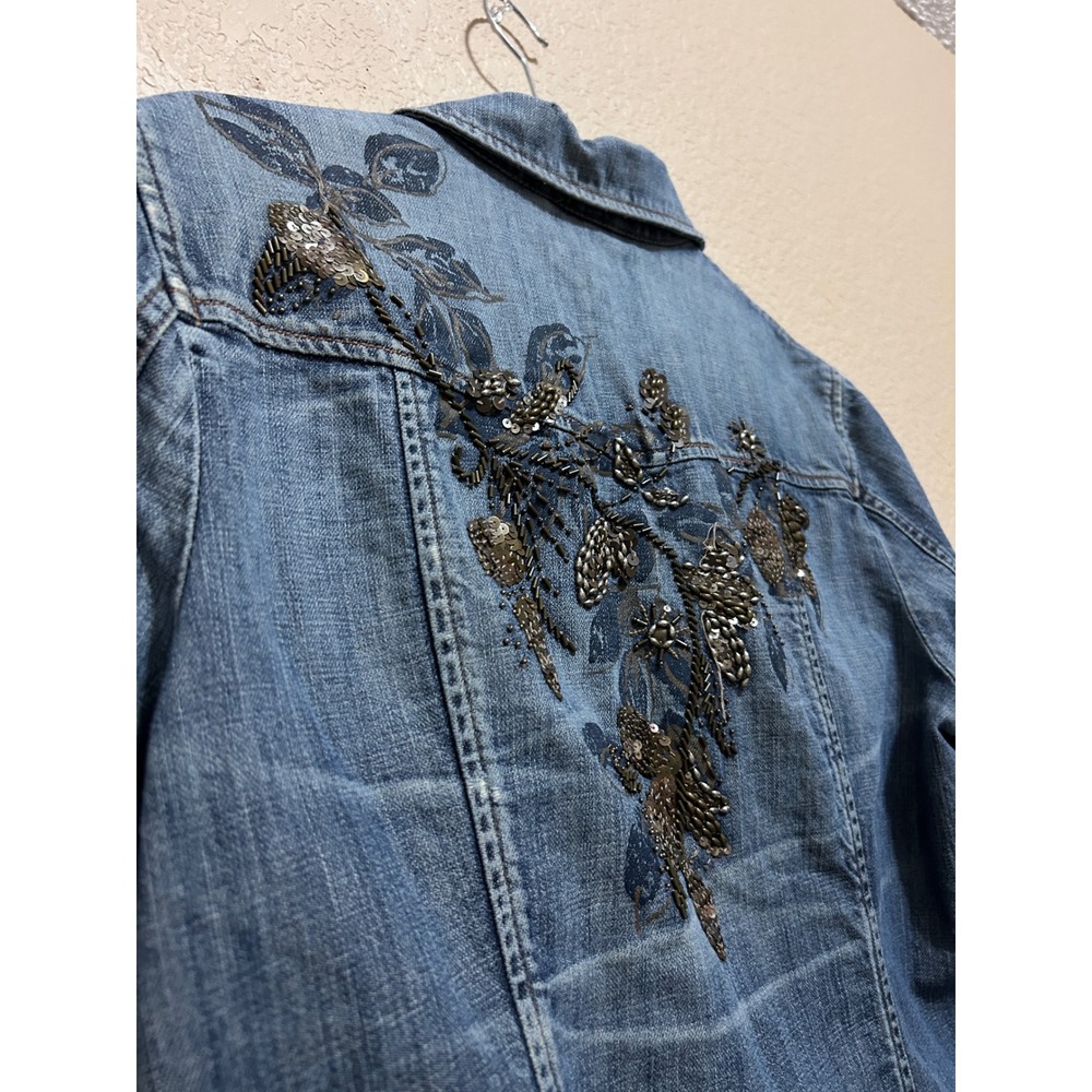 Coldwater Creek 16 Distressed Embroidered Denim Jacket Blue Sequin Boho Trucker - Picture 11 of 15